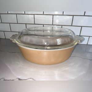 Fire-King Peach Luster Lidded Casserole Dish Rare Reversed Logo Collectible